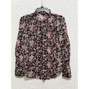 Express Floral Print Sheer Blouse Ruffle Neck Long‎ Sleeve Black Burgundy M